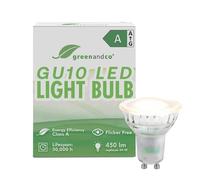 greenandco GU10 LED Light Bulb | Replaces 44 watts | Warm White 3000K | 2.5W 450lm | 100° Beam Angle | no Flicker | Energy Efficiency Class A | 230V | not dimmable
