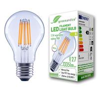 greenandco LED Filament Bulb | Clear | CRI 90+ | E27 A60 | 7.2W 1335lm | Replaces 90W | 3000K Warm White | 320° | 230V | Flicker Free | Energy Class B | Non-Dimmable