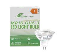 greenandco MR16 GU5.3 | Replaces 40W | Warm White 3000K | CRI 90+ | 5W 400 lm | 38° | No Flicker | COB LED Light Bulb | 12V AC/DC | Non dimmable