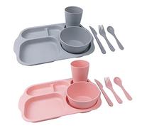 Greenandlife 12 Pcs Reusable Plastic Plates and Bowls Set, Plate, Bowl, Cup, Fork, Spoon, Knife,Microwave & Dishwasher Safe (Pink+Grey)