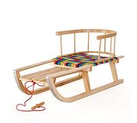 GreenBlue GB136 / GB138 Natural Wood Sledge Snow Fun Sledge With Removable Backrest Whole Wood Version Or With Fabric Upholstery + Pulling Rope + Skids With Metal Plate (Colorful Seat)