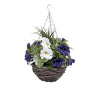 GreenBrokers 1 x Artificial Round Rattan Hanging Basket with Dark Purple & White Petunias and Decorative Grasses, 25cm