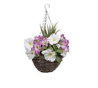 GreenBrokers 1x Artificial Round Rattan Hanging Basket with Pink & White Petunias and Decorative Grasses, 25cm