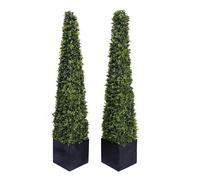 GreenBrokers 2 x Artificial Boxwood Topiary Pyramid Trees in Black Square Planter (4ft/120cm), Wood, Green