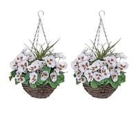 GreenBrokers 2 x Artificial Hanging Baskets Pansies and Decorative Grasses (Set of 2), Rattan, White Round, 52cm/20in