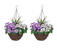 Greenbrokers 2 X Artificial Purple & White Pansy Rattan Hanging Baskets (52Cm/20In)