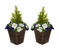 Greenbrokers 2 X Artificial Purple & White Petunias Rattan Patio Planters