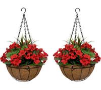 Greenbrokers 2 X Artificial Red Faux Silk Geraniums In Coco Coir Hanging Baskets Ideal For Home, Office Outdoor Living 25Cm/10In