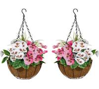 GreenBrokers 2 X Coco Coir Hanging Baskets With Pink And White Flowers And Decorative Grasses (Set Of 2)