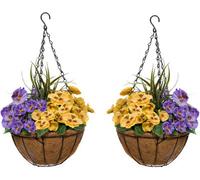 GreenBrokers 2 X Coco Coir Hanging Baskets With Yellow And Purple Flowers And Decorative Grasses (Set Of 2)