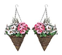 GreenBrokers 2 X Cone Shaped Hanging Baskets With Pink & White Flowers And Decorative Grasses (Set Of 2)