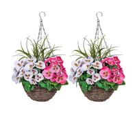 GreenBrokers 2X Artificial Hanging Basketsround Rattan With Pink And White Pansies, Decorative Grasses ,25Cm, Indoor & Outdoor Use