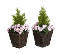 GreenBrokers 2X Artificial Rattan Patio Planters With Pink Geraniums And Cedar Topiary
