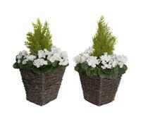 GreenBrokers 2X Artificial Rattan Patio Planters With White Geraniums And Cedar Topiary