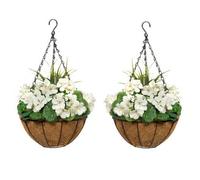 Greenbrokers 2X Artificial Round Coir Hanging Baskets With White Geraniums (Set Of 2)