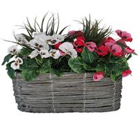 GreenBrokers Artificial Grey Rattan Window Box With Pink & White Pansies And Decorative Grasses