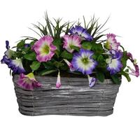 GreenBrokers Artificial Pink & Purple Petunia Flowers & Grass In Rounded 40Cm Rectangle Grey Wash Willow Basket - Faux Silk - Uv Protected