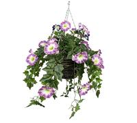 Greenbrokers Artificial Pink & Purple Petunia Round Rattan Hanging Basket with Ivy Vine (30cm)