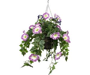 GreenBrokers Artificial Pink & Purple Petunia Round Rattan Hanging Basket With Ivy Vine (30Cm)
