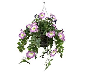 GreenBrokers Artificial Pink & Purple Petunia Round Rattan Hanging Basket with Ivy Vine (30cm)