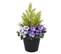 GreenBrokers Artificial Purple And White Faux Silk Pansies With Grasses/conifer Topiary In A Black Pot Patio Planter 60Cm/23.5In