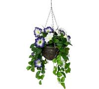 GreenBrokers Artificial Purple & White Petunia Round Rattan Hanging Basket (25Cm)