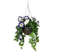 GreenBrokers Artificial Purple & White Petunia Round Rattan Hanging Basket (25cm)