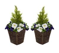 GreenBrokers Artificial Rattan Patio Planter with Dark Purple & White Petunias, Green, 25cm