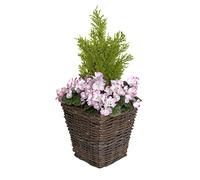 GreenBrokers Artificial Rattan Patio Planter with Pink Geraniums and Cedar Topiary, Green, 60cm