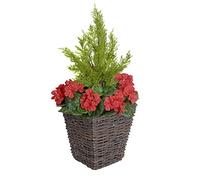 GreenBrokers Artificial Rattan Patio Planter with Red Geraniums and Cedar Topiary, Green, 60 cm