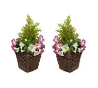 GreenBrokers Artificial Rattan Patio Planters With Pink & White Petunias & Cedar Topiary (Set Of 2)