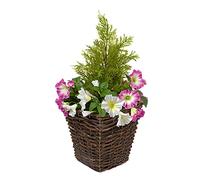 GreenBrokers Artificial Rattan Patio Planters with Pink & White Petunias, Green, 25cm