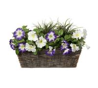GreenBrokers Artificial Rattan Window Box With Purple & White Petunias & Green Grasses & Foliage
