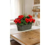 GreenBrokers Artificial Red Geranium Flowers & Lemon Grass In Rounded 40Cm Rectangle Grey Wash Willow Basket - Faux Silk