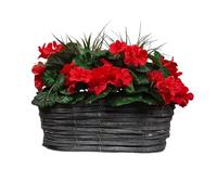 GreenBrokers Artificial Red Geranium Flowers & Lemon Grass in Rounded 40cm Rectangle Grey Wash Willow Basket - Faux Silk - UV Protected