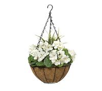 GreenBrokers Artificial Round Coir Hanging Basket with White Geraniums, Green, 25cm