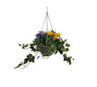 GreenBrokers Artificial Yellow & Purple Pansy with Ivy Vine in 25cm diameter Grey Wash Hanging Basket - Faux Silk - UV Protected