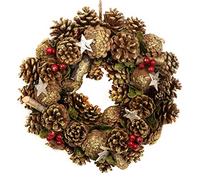 GreenBrokers Christmas Hanging Wreath 30cm- Festive Pine Cone Display with Gold Frosting, D1236