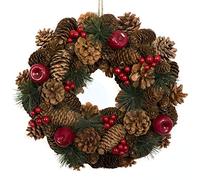 GreenBrokers Christmas Hanging Wreath 32cm- Festive Pine Cone Display with Red Berries, D1224