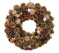 GreenBrokers Christmas Hanging Wreath 38cm- Festive Pine Cone Display with Gold Frosting