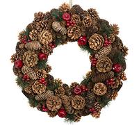 GreenBrokers Christmas Hanging Wreath 48cm - Festive Pine Cone Display with Red Berries
