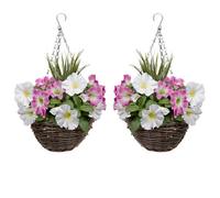 GreenBrokers Grrenbrokers 2 X Artificial Pink & White Petunias Rattan Hanging Baskets (52Cm/20In)