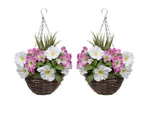 GreenBrokers Grrenbrokers 2 X Artificial Pink & White Petunias Rattan Hanging Baskets (52Cm/20In)
