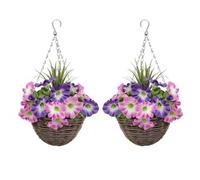 Greenbrokers Hanging Baskets 2X Artificial Round Rattan Pink & Purple Petunias And Decorative Grasses (Set Of 2)