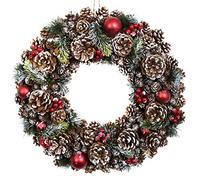 GreenBrokers Premium Quality Christmas Hanging Wreath 48cm - Festive Pine Cone Display with White Frosting