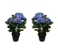 GreenBrokers x2 Artificial 42cm Blue Hydrangea Bush in Black Plastic Pot - UV Protected - Faux Silk