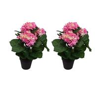 GreenBrokers x2 Artificial 42cm Pink Hydrangea Bush in Black Plastic Pot - UV Protected - Faux Silk