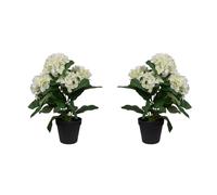 GreenBrokers x2 Artificial 42cm White Hydrangea Bush in Black Plastic Pot - UV Protected - Faux Silk