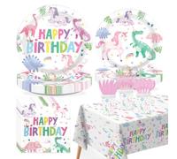 Greencian 170 Pcs Dinosaur Unicorn Birthday Party Decorations Serves 24 | Pastel Pink Dino Plates Napkins Cups Forks Knives Spoons Tablecloths for Girls Baby Shower Birthday Party Supplies