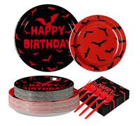 Greencian 200Pcs Halloween Bats Birthday Party Supplies Bloody Bat Paper Plates and Napkins Red and Black Disposable Tableware for Boy Girl Halloween Birthday Party Decorations Serves 50